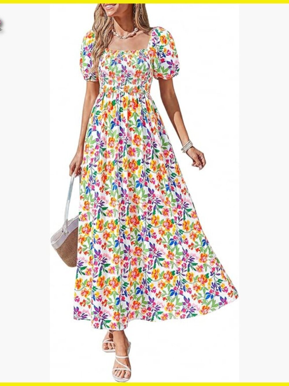Floral Print Maxi Dress Boho Chic Puff Sleeve Smocked Bust Casual Elegant